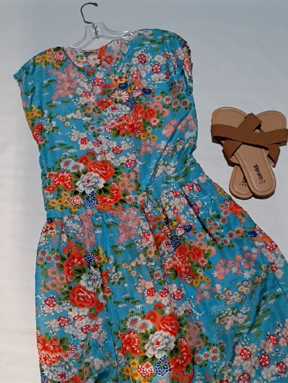 Blue Floral Midi Dress with Puff Sleeve Detail